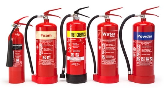 fire extinguisher colours - image of all of the different types of extinguisher and their associated colours